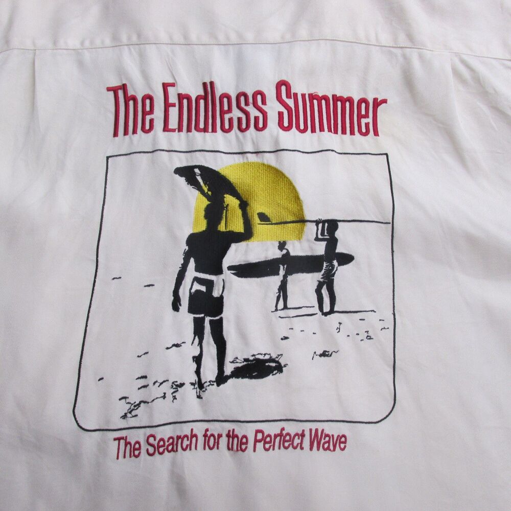 100% Silk Go Barefoot Shirt Embordered "The Endless Summer"  Sz L Very Rare